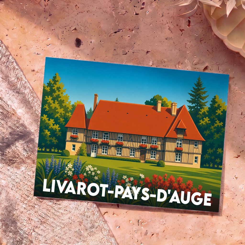 Carte postale souvenir de Livarot-Pays-d'Auge illustrant un manoir normand traditionnel dans un style graphique épuré.