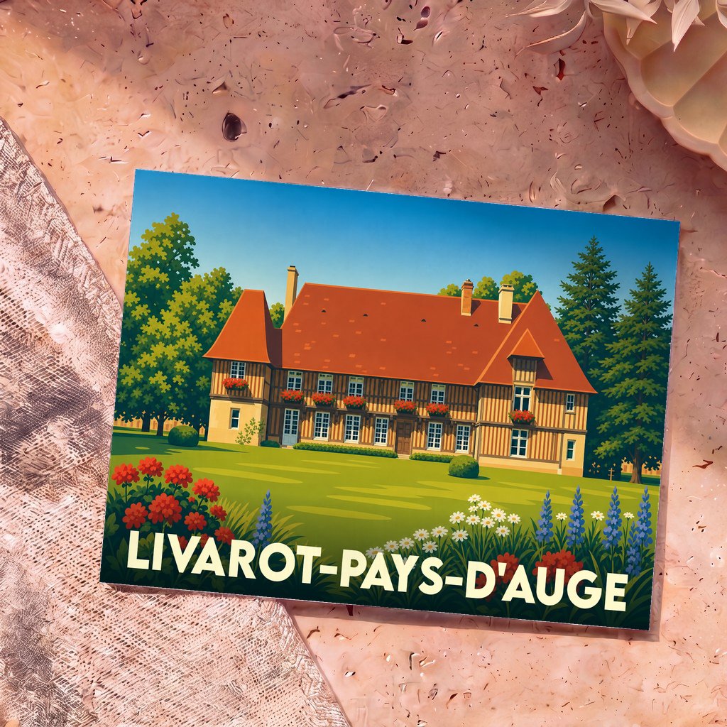 Carte postale souvenir de la ville de Livarot-Pays-d'Auge illustrant un manoir normand traditionnel dans un jardin fleuri.