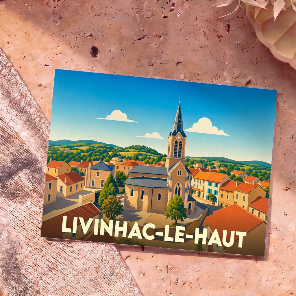 Carte postale souvenir de la ville de Livinhac-le-Haut avec une illustration stylisée de son église et de ses collines.