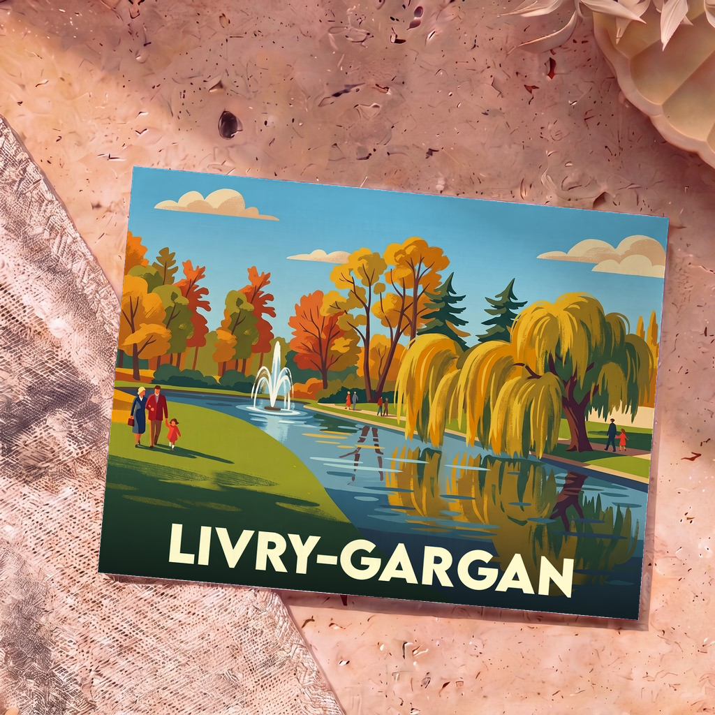 Carte postale souvenir de la ville de Livry-Gargan illustrant un parc arboré avec un plan d'eau.
