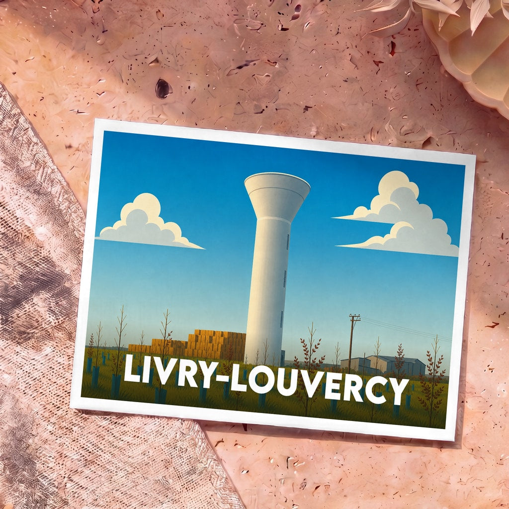 Carte postale souvenir de la ville de Livry-Louvercy avec une illustration stylisée d'un château d'eau dans un paysage rural.
