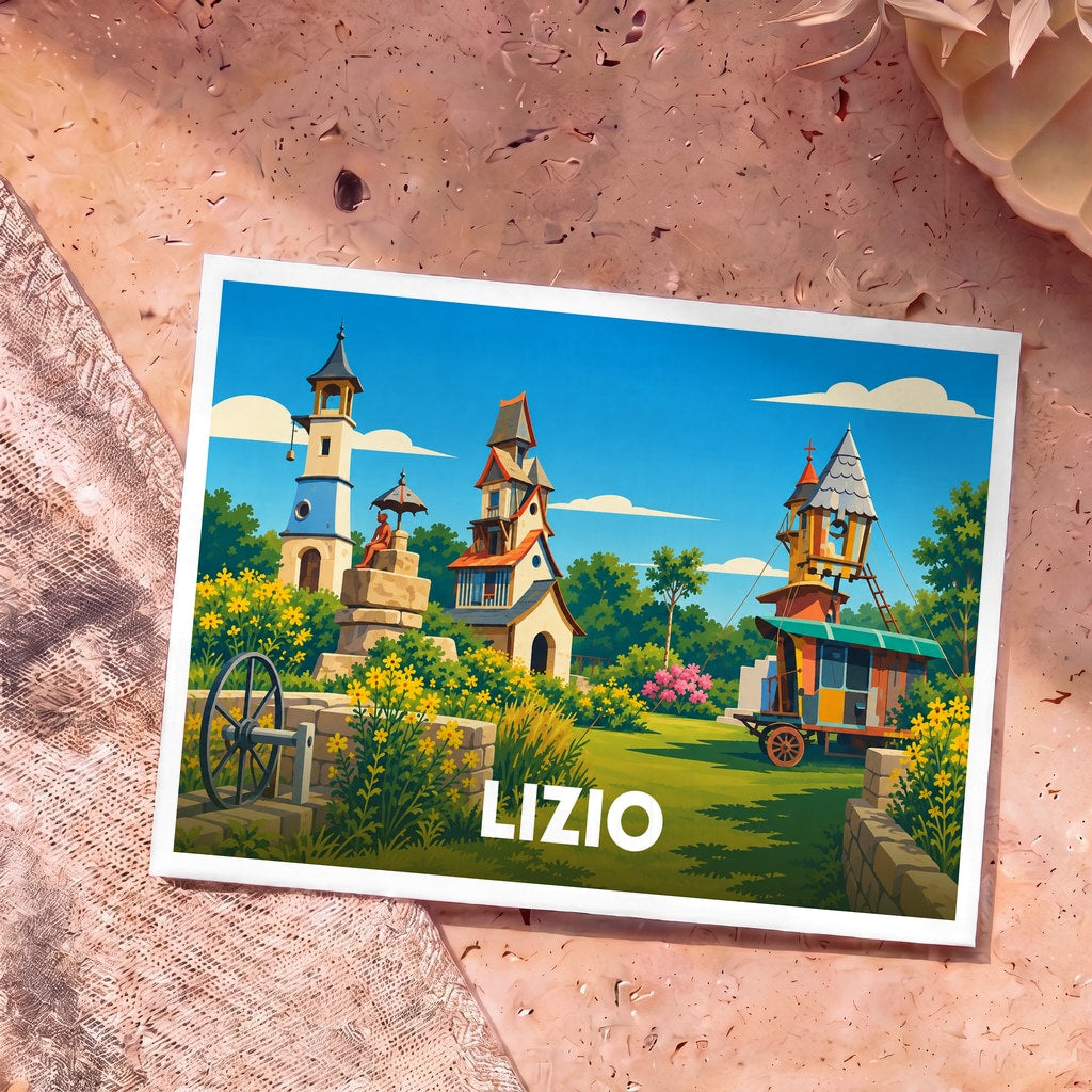 Carte postale souvenir de la ville de Lizio avec une illustration colorée et onirique de ses architectures insolites.