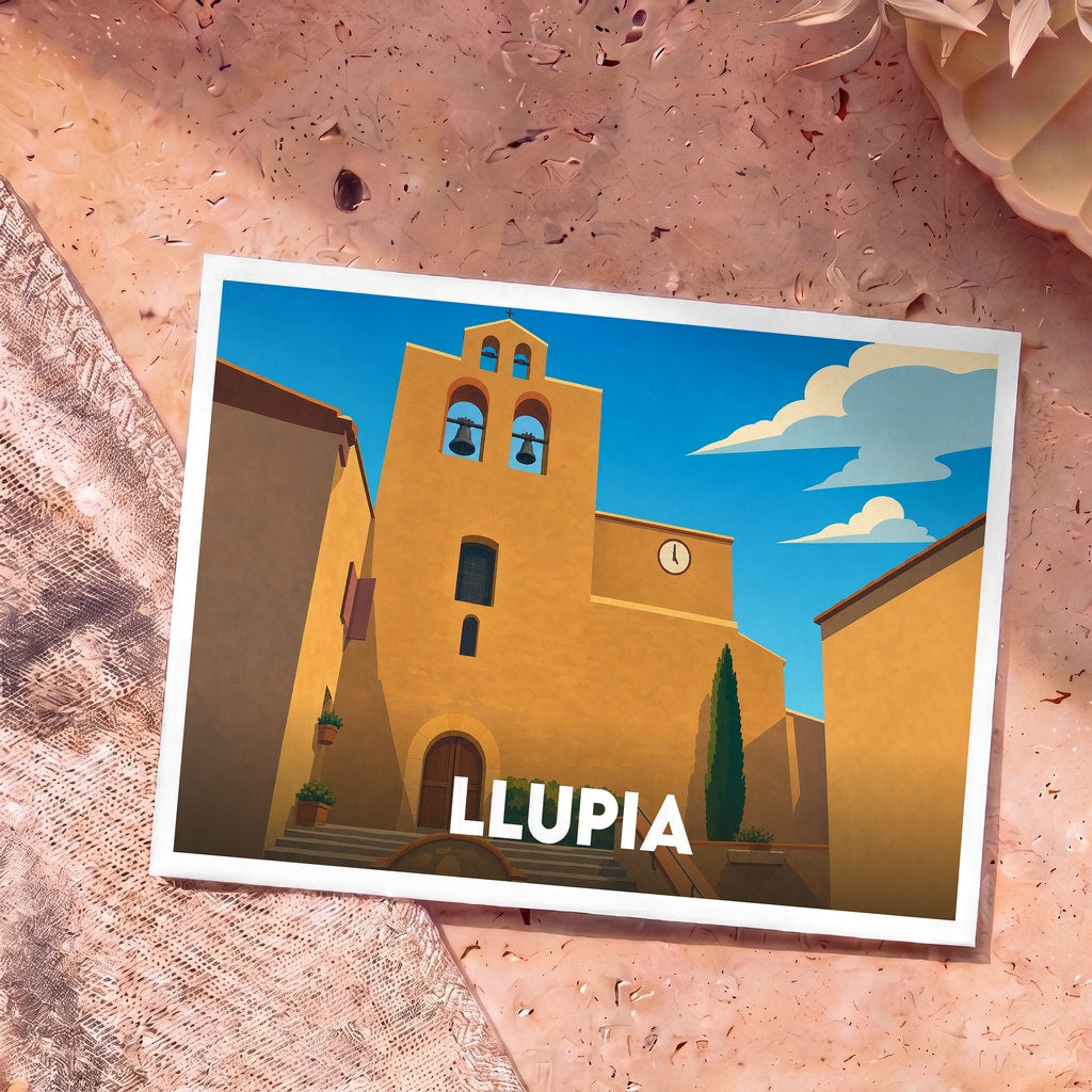 Carte postale souvenir de la ville de Llupia illustrant son église sous un ciel bleu azur.