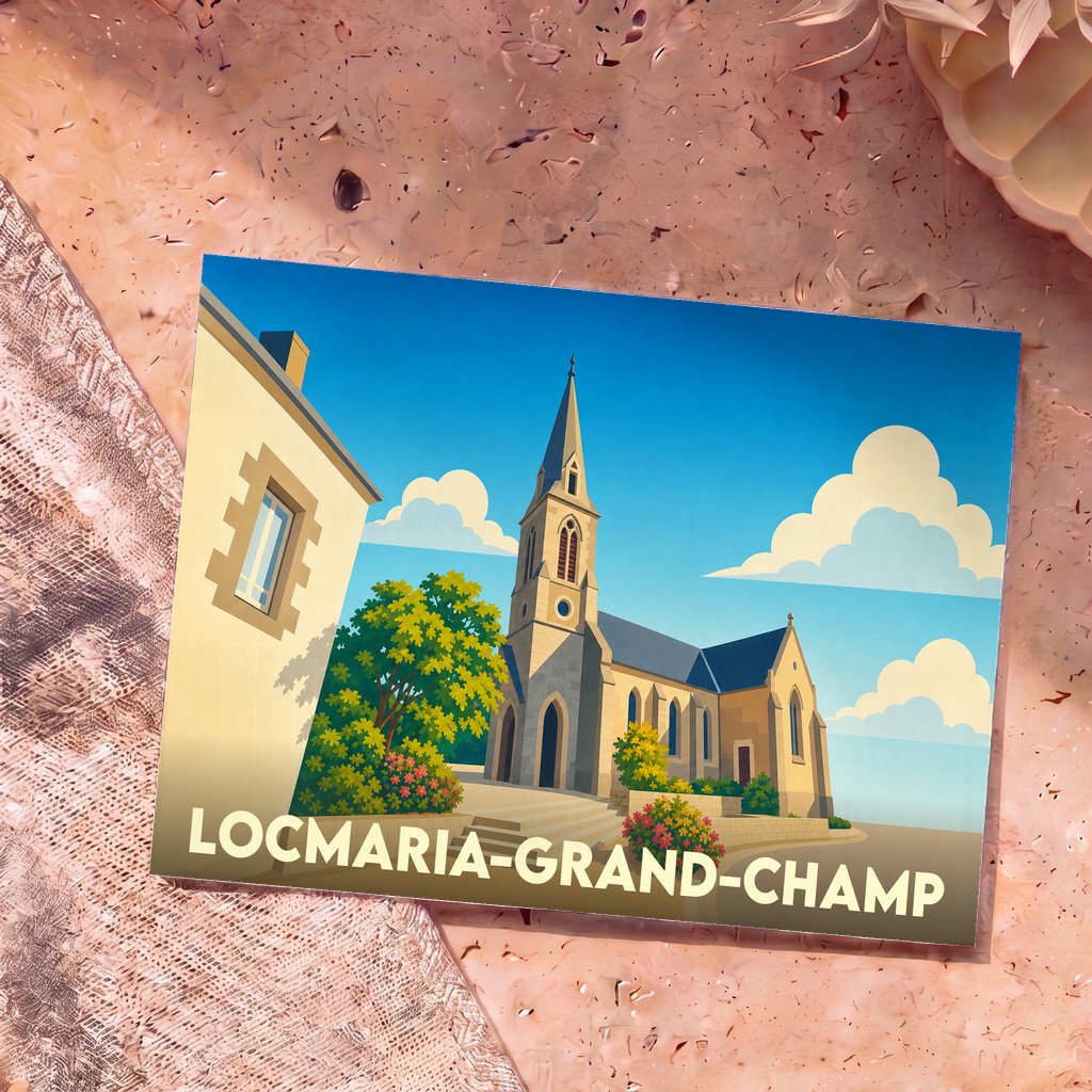 Carte postale souvenir de la ville de Locmaria-Grand-Champ avec une illustration stylisée de son église sous un ciel bleu.