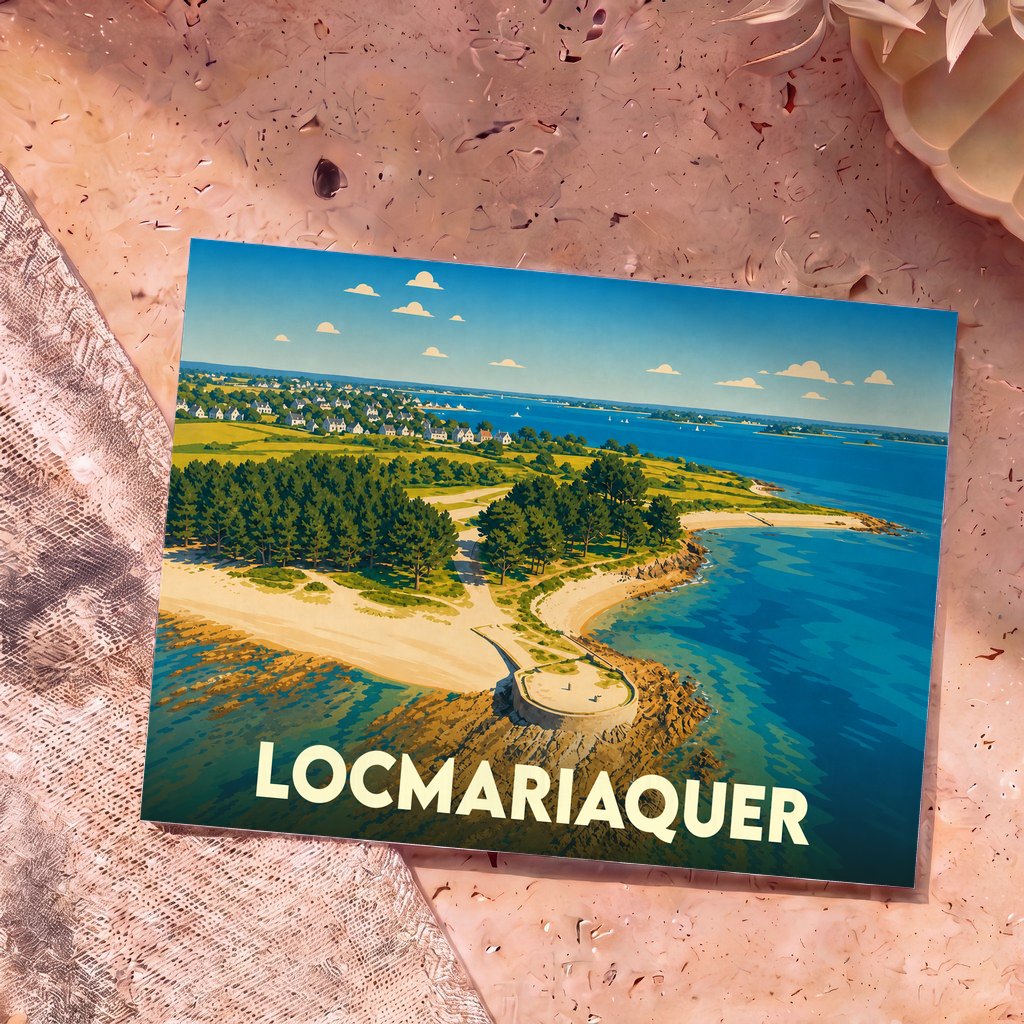 Carte postale souvenir de la ville de Locmariaquer avec une illustration stylisée d'un paysage côtier ensoleillé.