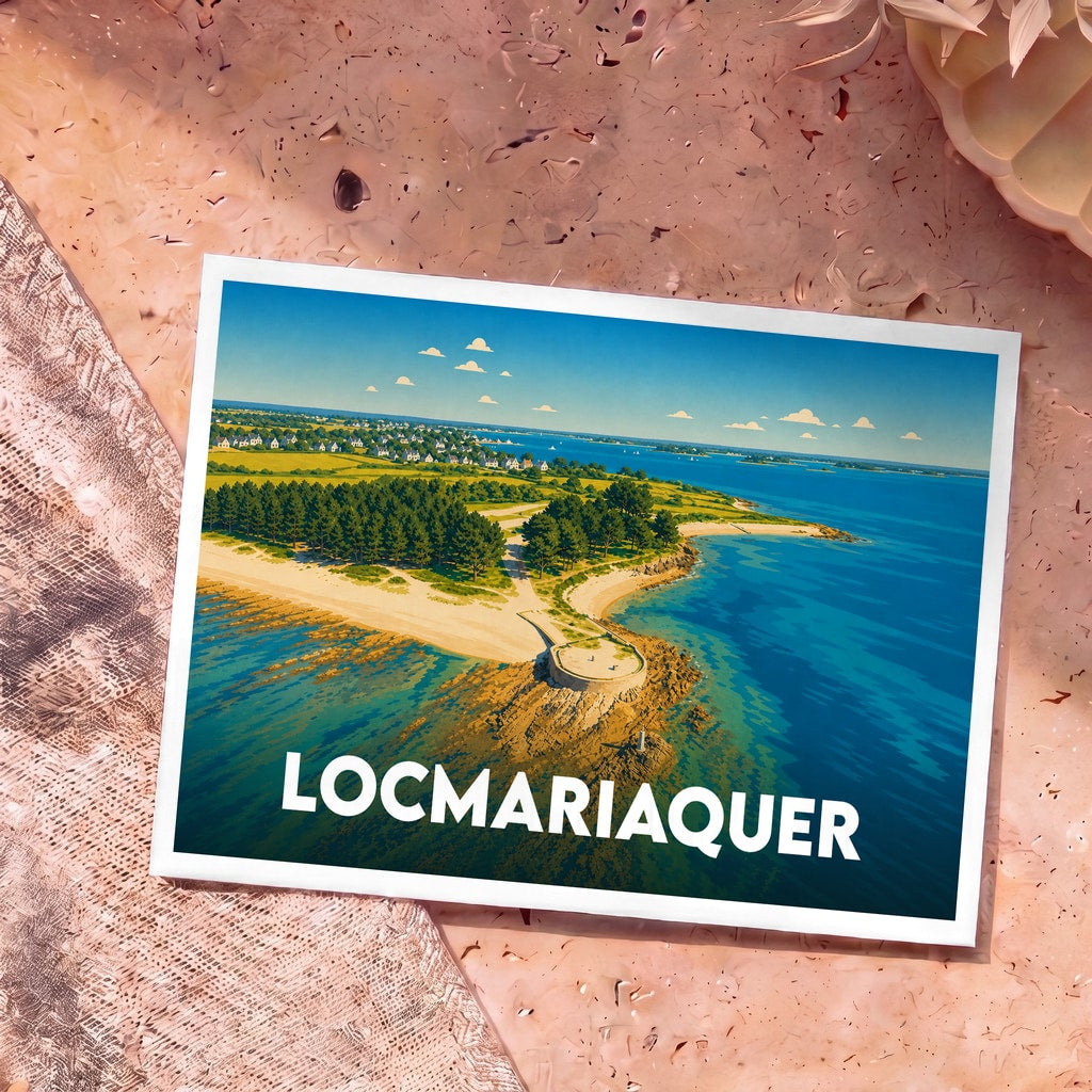 Carte postale souvenir de la ville de Locmariaquer avec une illustration stylisée d'un paysage côtier ensoleillé.