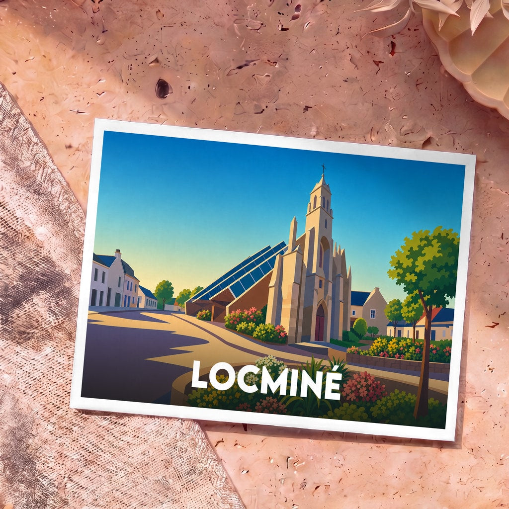 Carte postale souvenir de la ville de Locminé avec une illustration stylisée de son église emblématique.