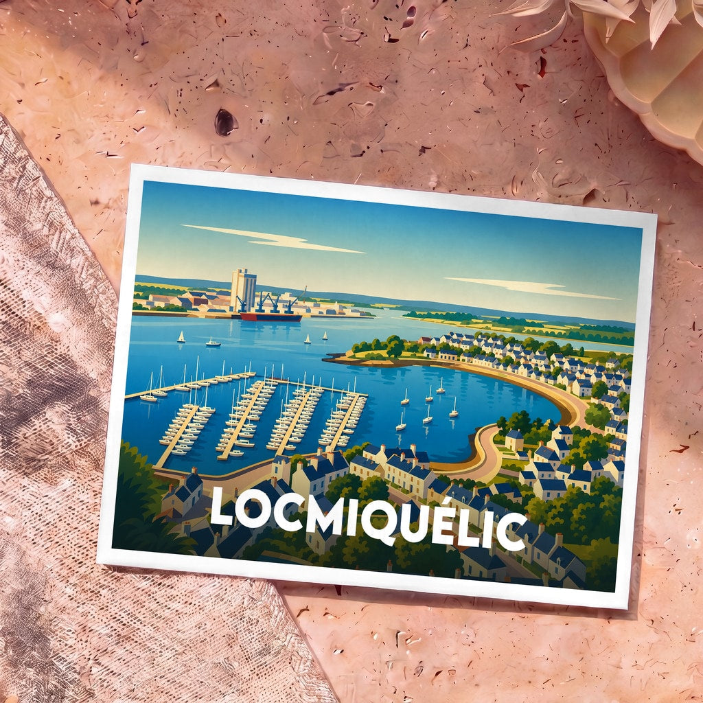 Carte postale souvenir de la ville de Locmiquélic avec une illustration stylisée de son port et de son littoral.