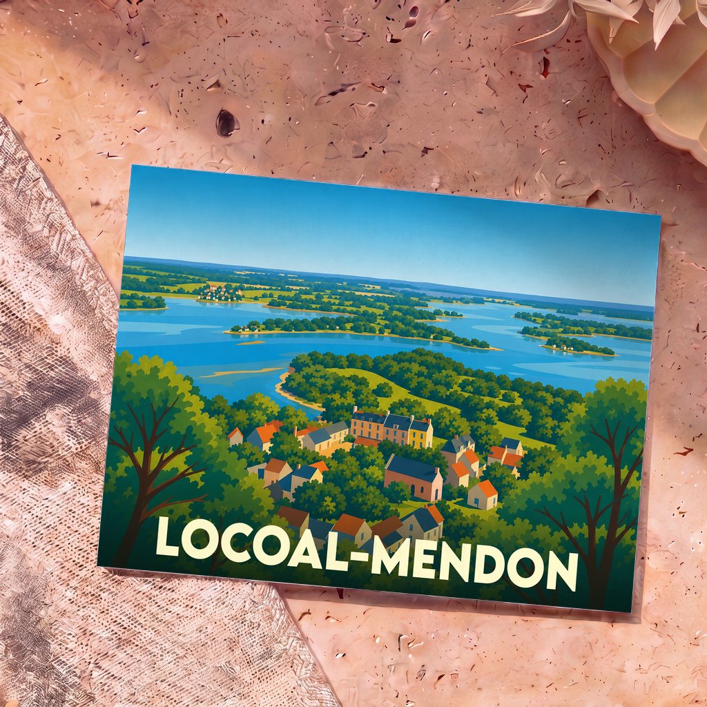 Carte postale souvenir de Locoal-Mendon présentant une vue aérienne illustrée de la ville et de la ria d'Etel.