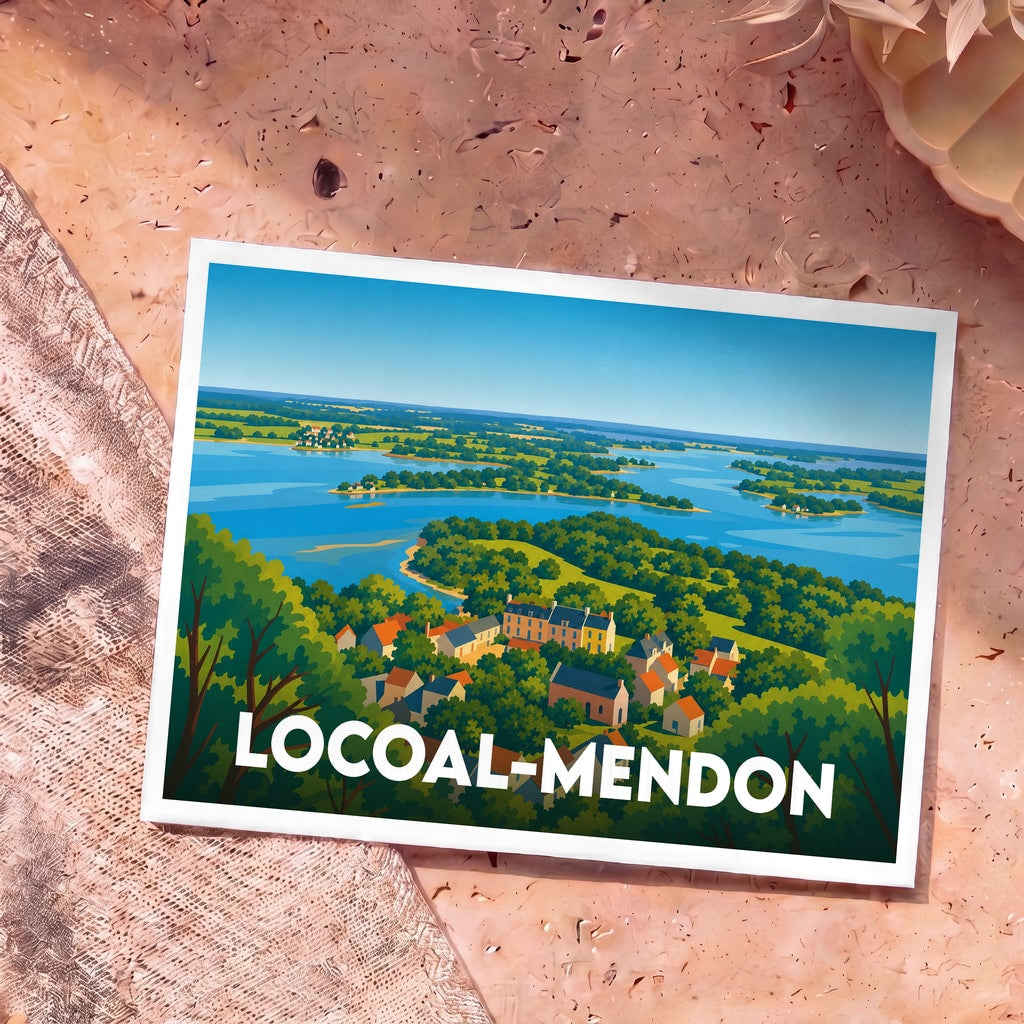 Carte postale souvenir de Locoal-Mendon présentant une vue aérienne illustrée de la ville et de la ria d'Etel.