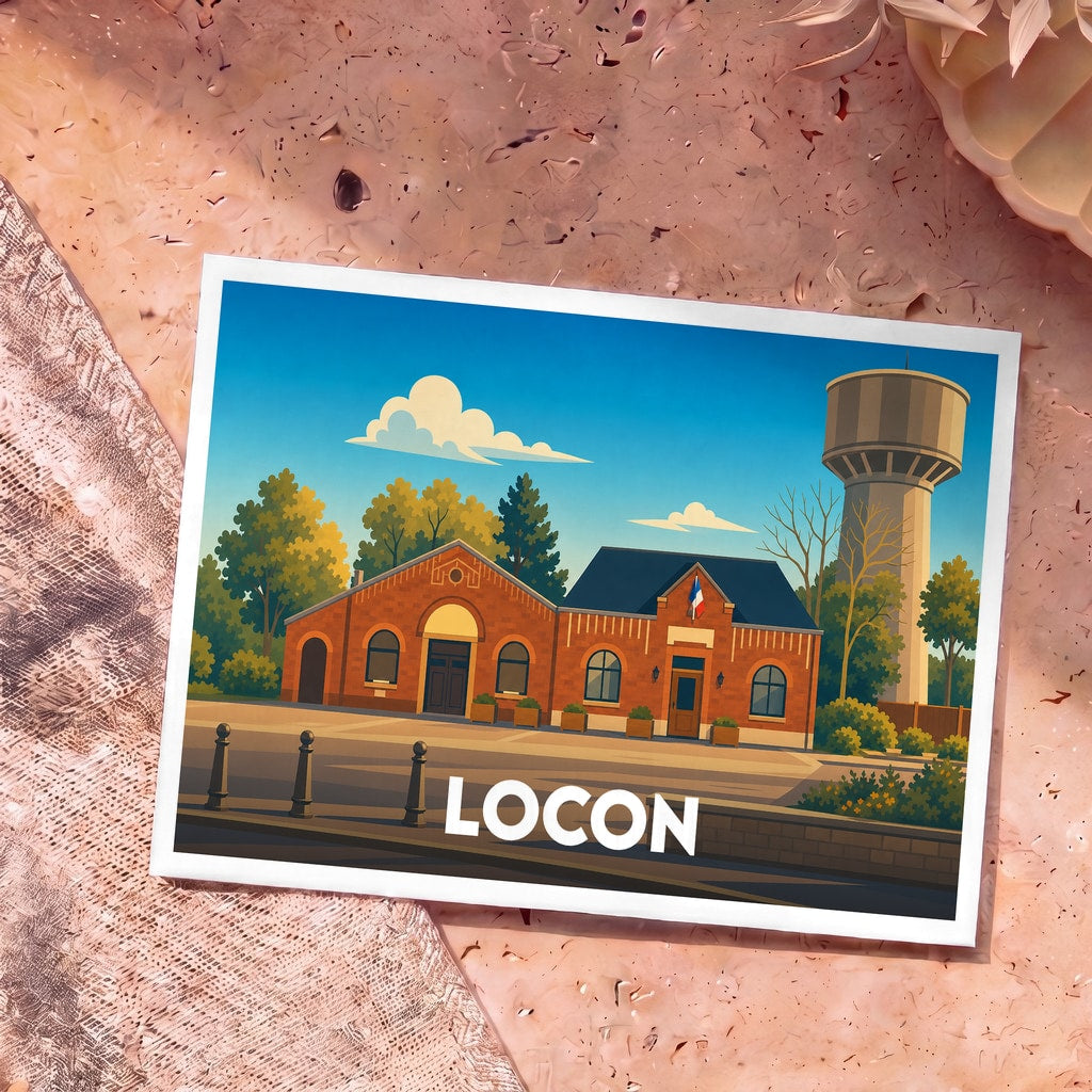 Carte postale souvenir de la ville de Locon avec une illustration stylisée de sa mairie et de son château d'eau.