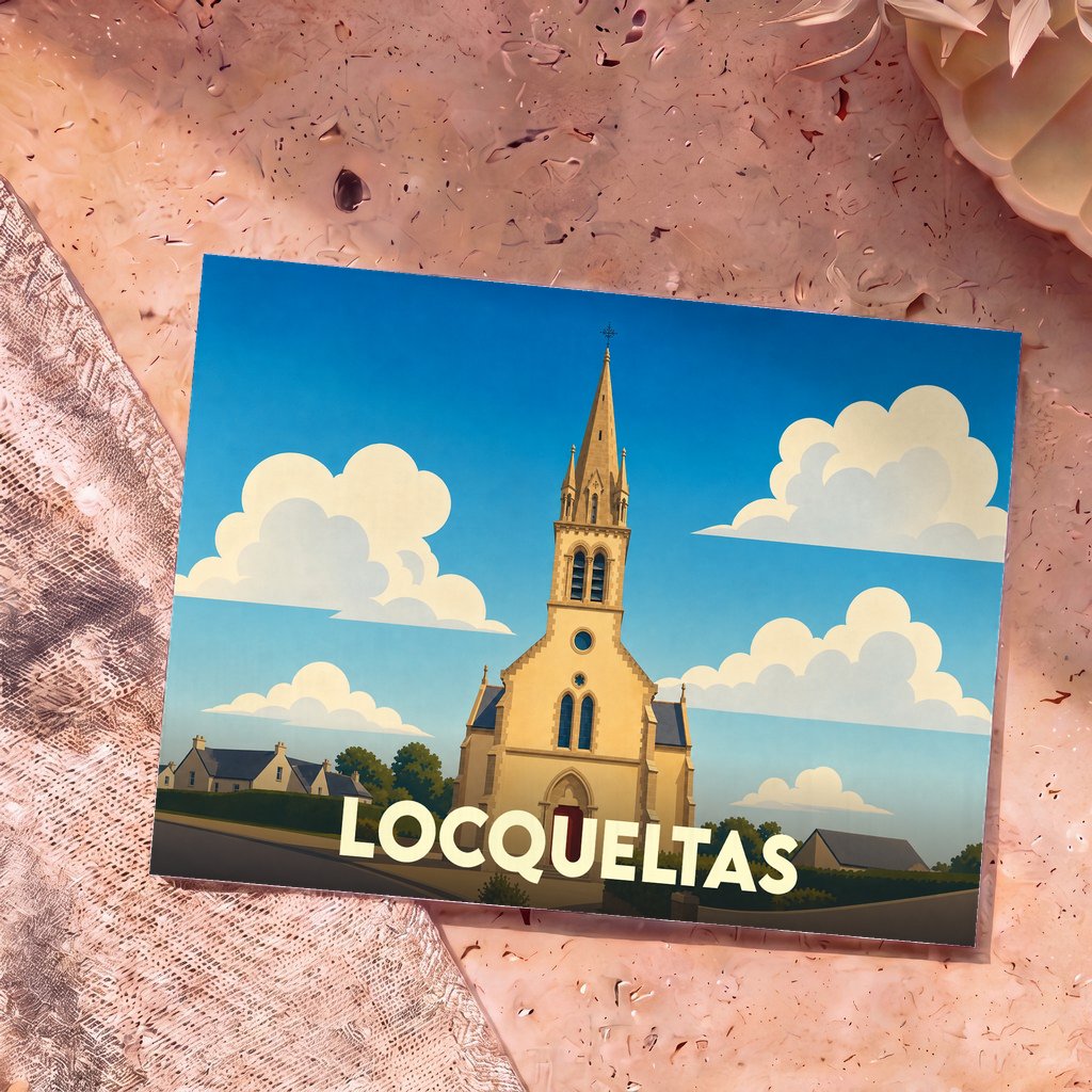 Carte postale souvenir de la ville de Locqueltas avec une illustration stylisée de son église.