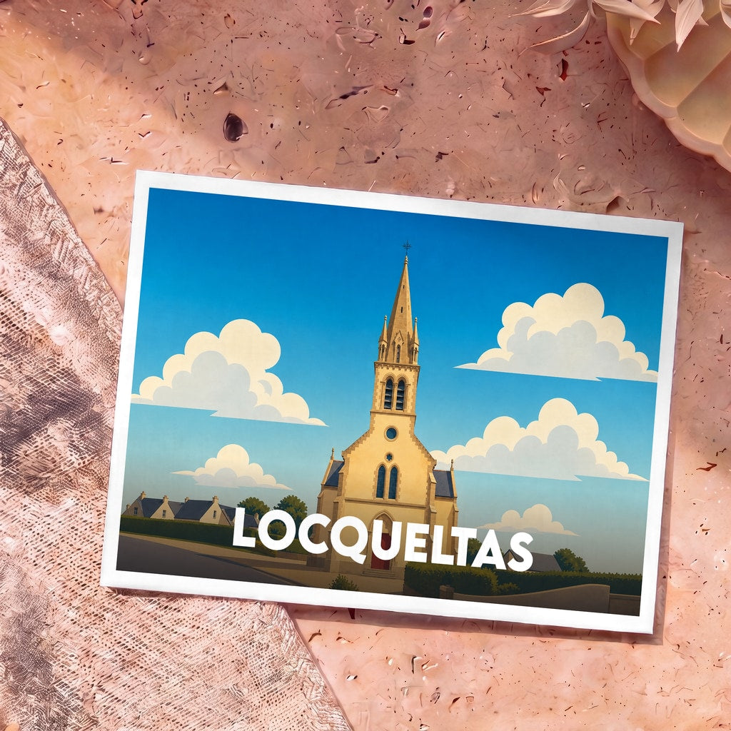 Carte postale souvenir de la ville de Locqueltas avec une illustration stylisée de son église.