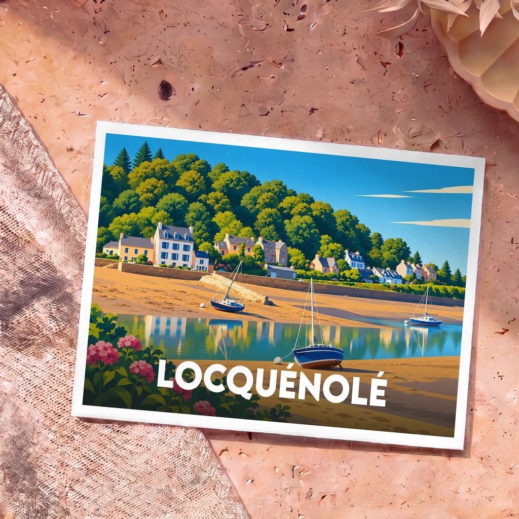 Carte postale souvenir de la ville de Locquénolé illustrant un paysage côtier stylisé avec des bateaux.