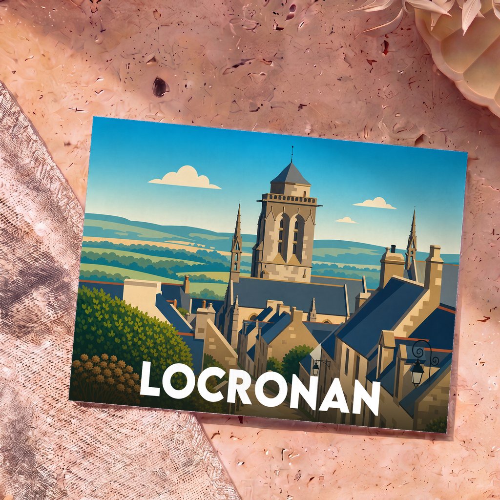 Carte postale souvenir de la ville de Locronan avec une illustration stylisée de son église et de ses toits en pierre.