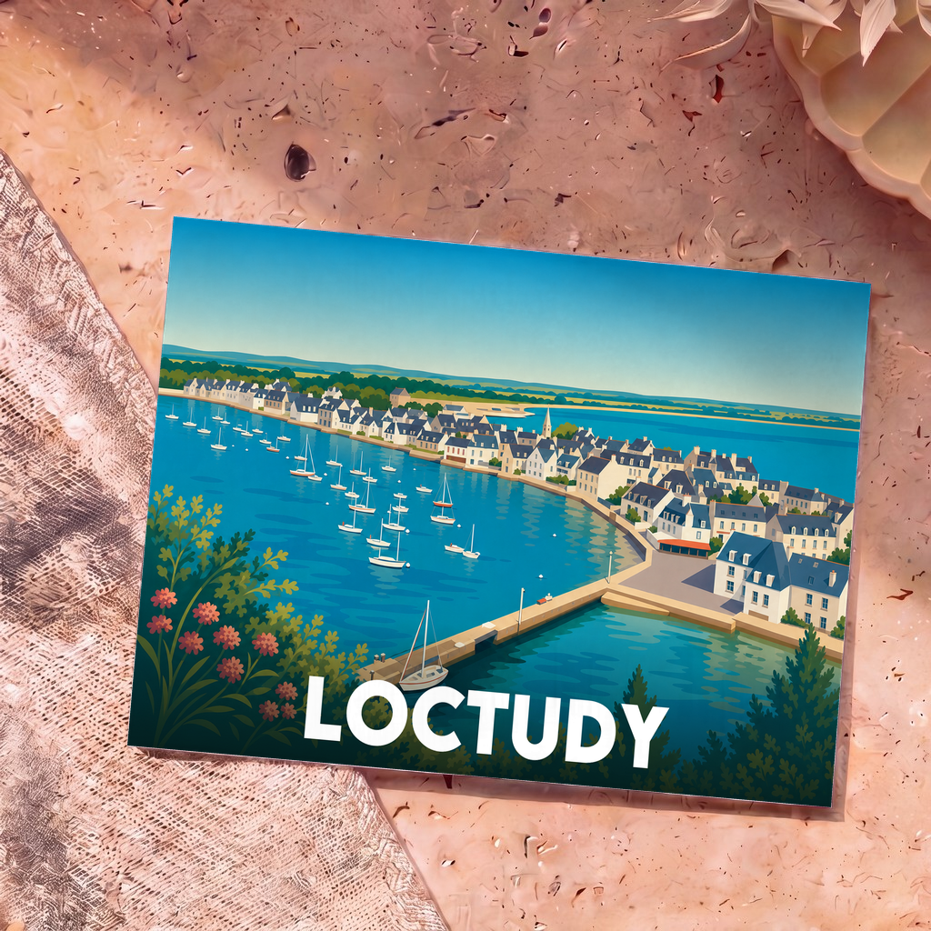 Carte postale souvenir de la ville de Loctudy avec une illustration stylisée de son port de plaisance.