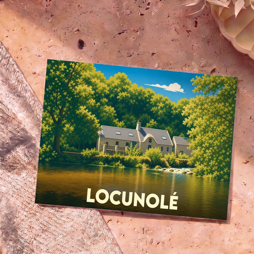 Carte postale souvenir de la ville de Locunolé avec une illustration stylisée d'une maison au bord de l'eau.