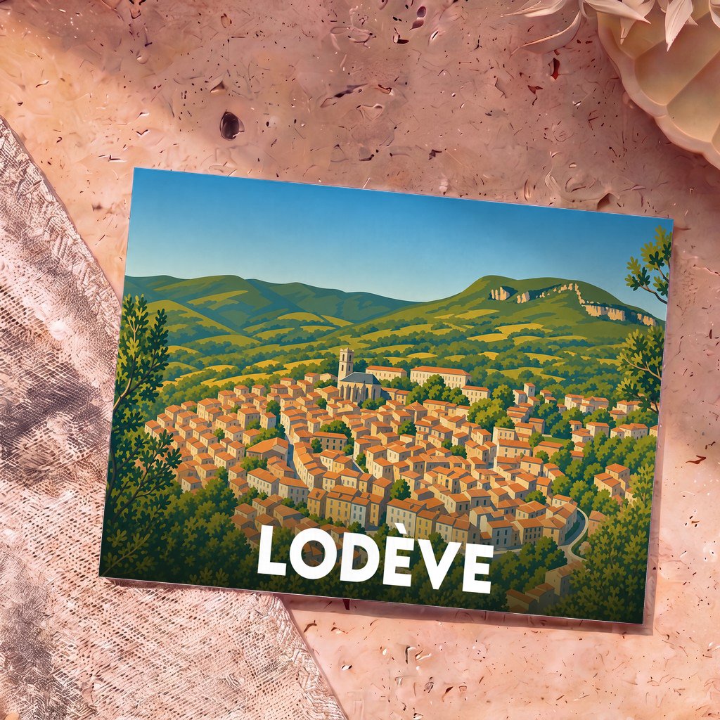 Carte postale souvenir de la ville de Lodève avec une illustration stylisée de ses collines et de ses toits orangés.