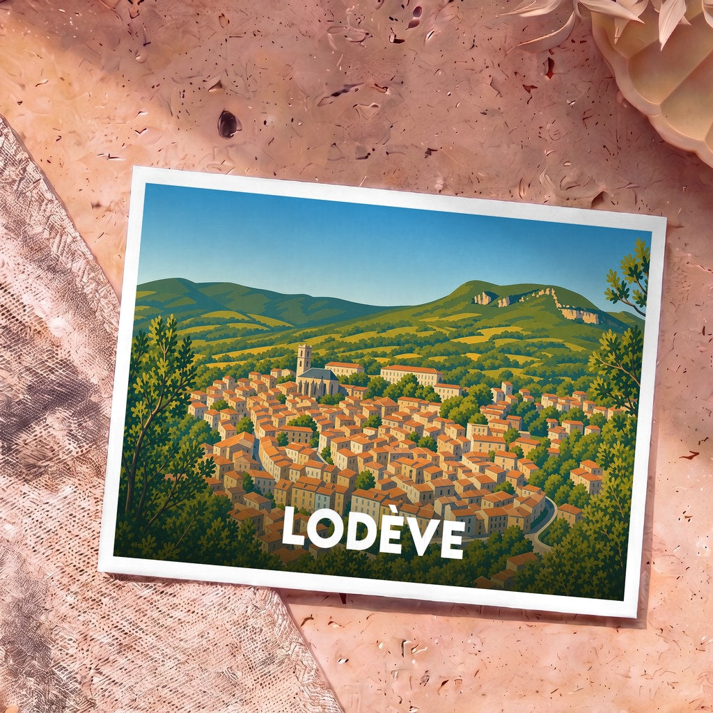 Carte postale souvenir de la ville de Lodève avec une illustration stylisée de ses collines et de ses toits orangés.