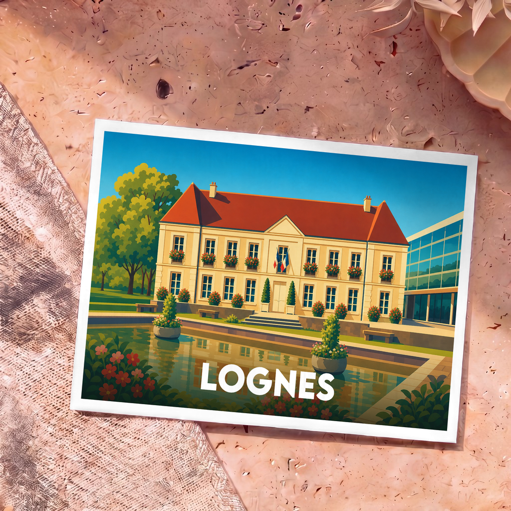 Carte postale souvenir de la ville de Lognes illustrant son hôtel de ville dans un style graphique et coloré.