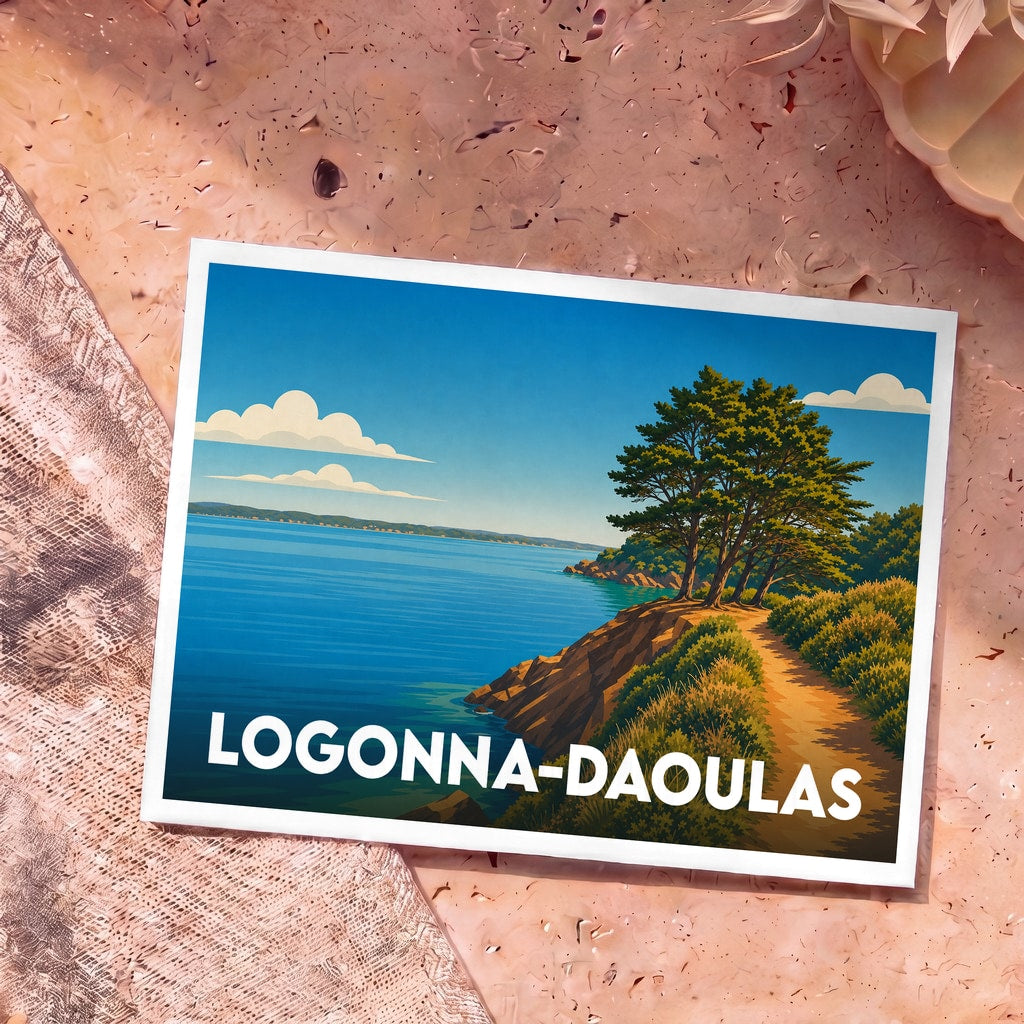 Carte postale souvenir de Logonna-Daoulas illustrant un sentier côtier boisé surplombant la mer dans un style graphique épuré.