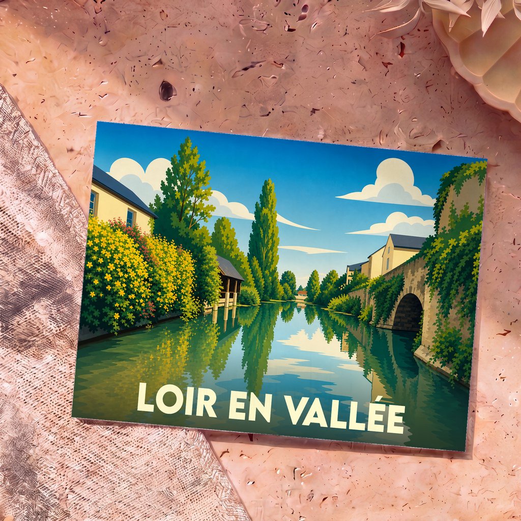 Carte postale souvenir de Loir en Vallée avec une illustration stylisée d'une rivière bordée de maisons et de fleurs.
