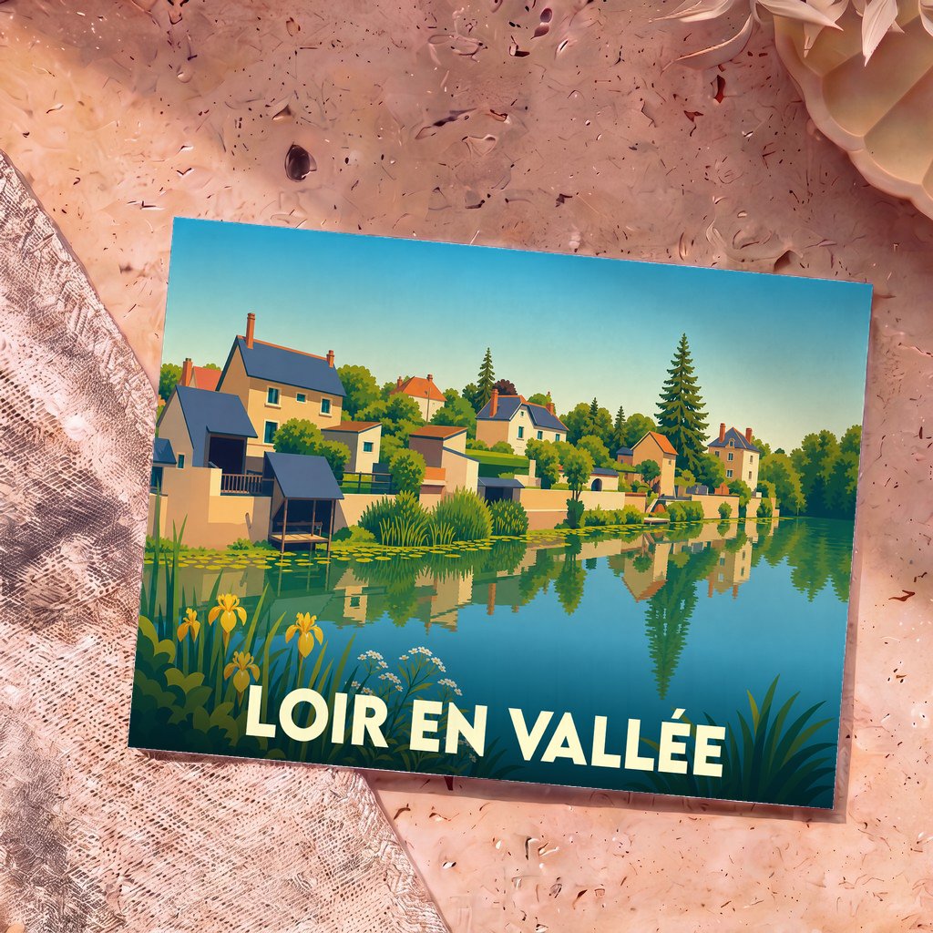 Carte postale souvenir de Loir en Vallée arborant une illustration stylisée d'un village en bord de rivière.