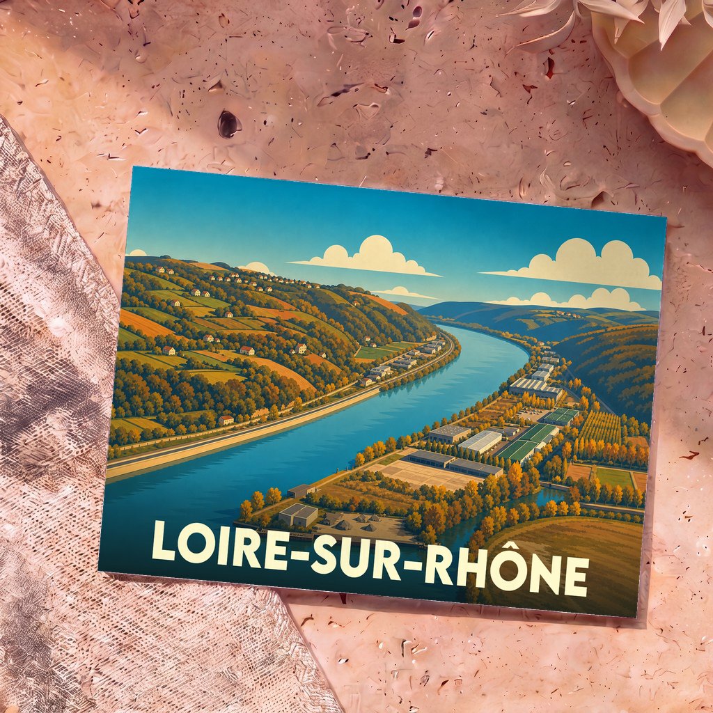 Carte postale souvenir de la ville de Loire-sur-Rhône avec une illustration stylisée de la vallée du Rhône.
