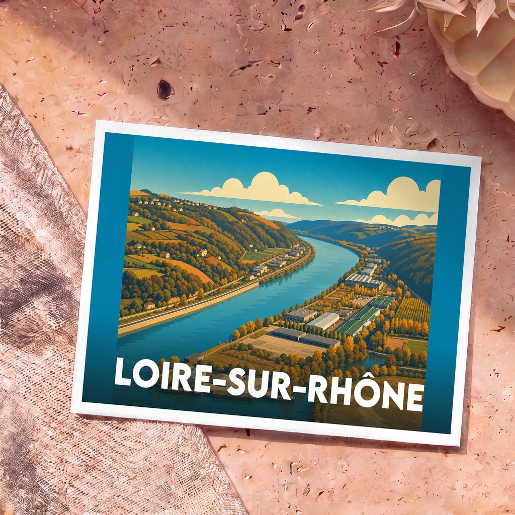 Carte postale souvenir de la ville de Loire-sur-Rhône avec une illustration stylisée de la vallée du Rhône.