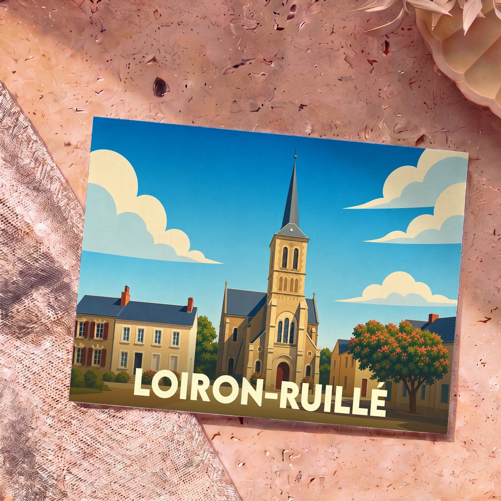 Carte postale souvenir de la ville de Loiron-Ruillé avec une illustration stylisée d'une église et de maisons.