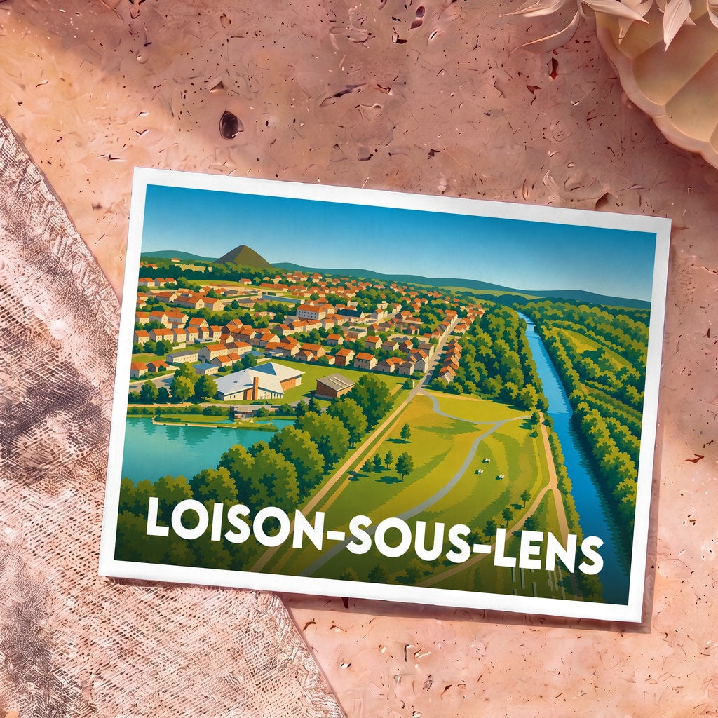 Carte postale souvenir de la ville de Loison-sous-Lens avec une illustration stylisée vue du ciel.