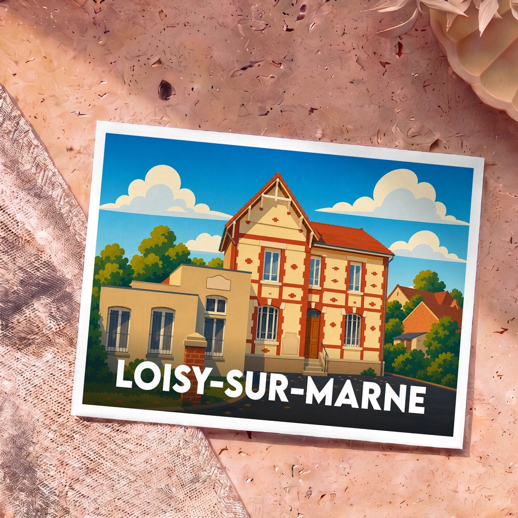 Carte postale souvenir de Loisy-sur-Marne avec une illustration stylisée d'une maison traditionnelle sous un ciel bleu.