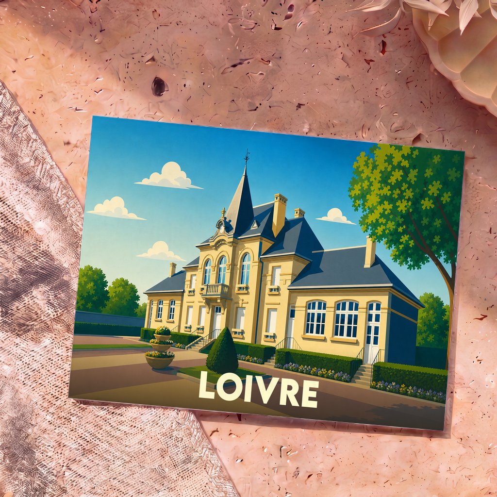 Carte postale souvenir de la ville de Loivre avec une illustration stylisée de son hôtel de ville.