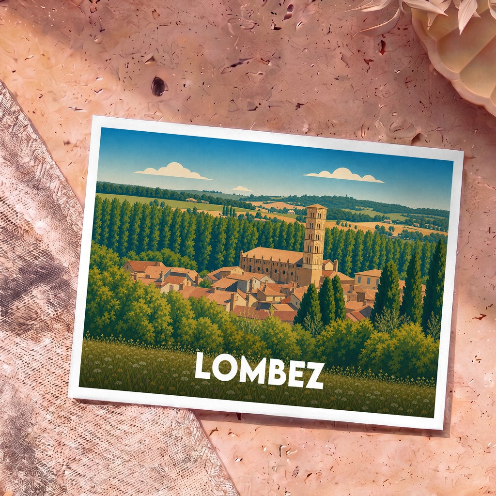 Carte postale souvenir de la ville de Lombez avec une illustration stylisée de son paysage et de sa cathédrale.