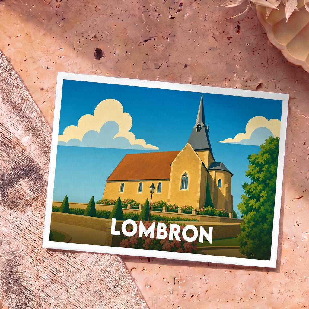Carte postale souvenir de la ville de Lombron avec une illustration stylisée de son église sous un ciel bleu.