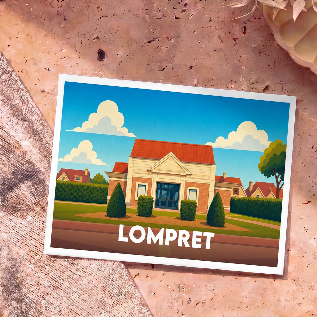 Carte postale souvenir de la ville de Lompret avec une illustration stylisée de sa mairie.