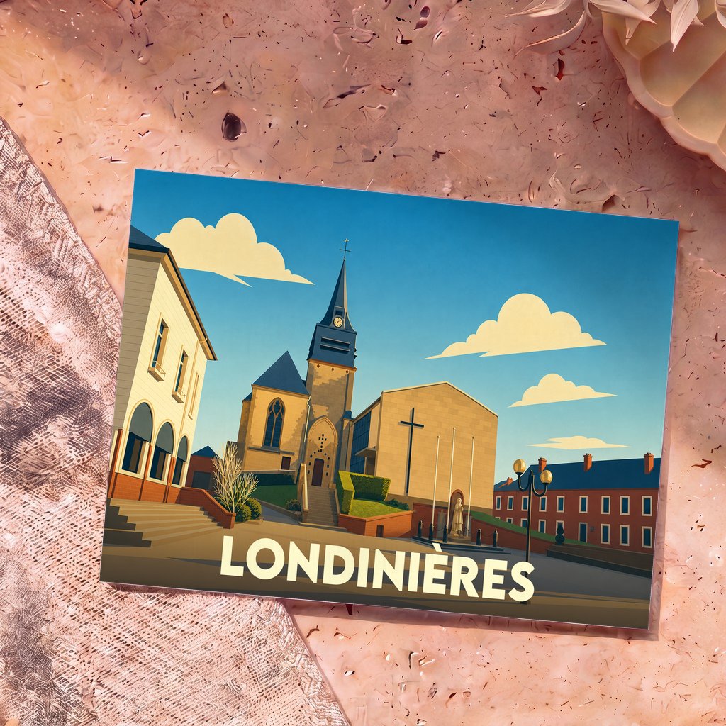 Carte postale souvenir de la ville de Londinières avec une illustration stylisée de son église et de ses bâtiments.