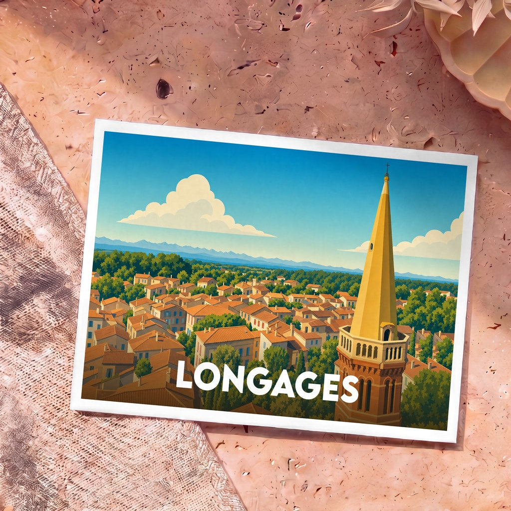 Carte postale souvenir de la ville de Longages avec une illustration stylisée de son église et de ses toits.