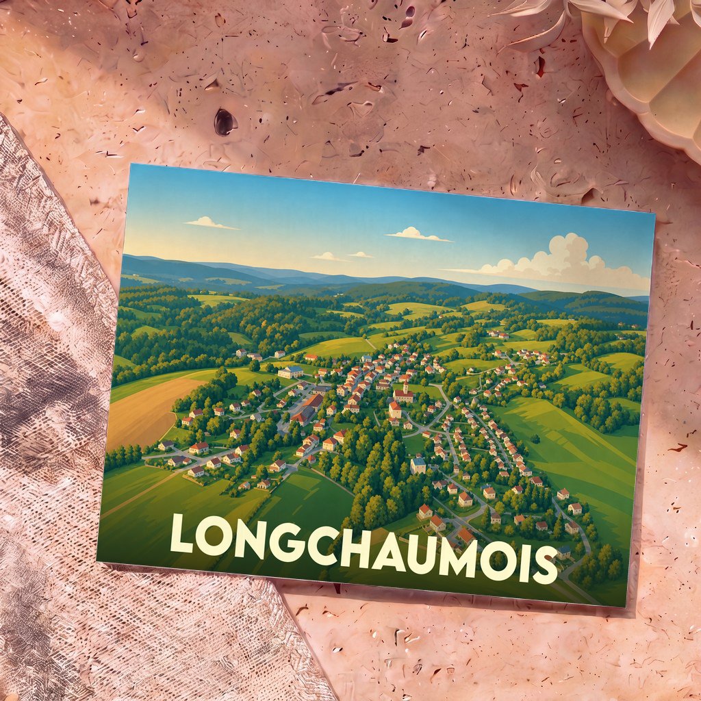 Carte postale souvenir de la ville de Longchaumois avec une illustration stylisée d'un paysage de campagne vallonné.