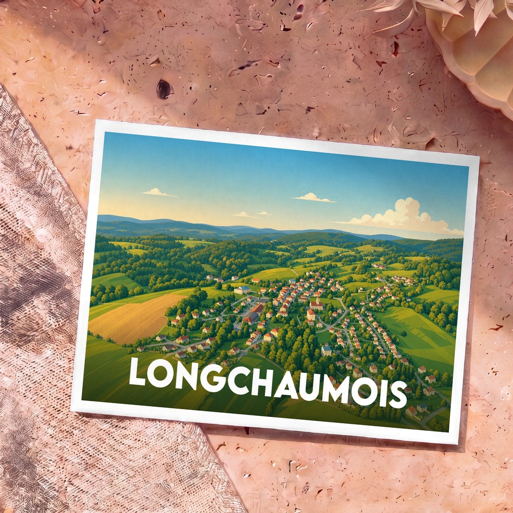 Carte postale souvenir de la ville de Longchaumois avec une illustration stylisée d'un paysage de campagne vallonné.