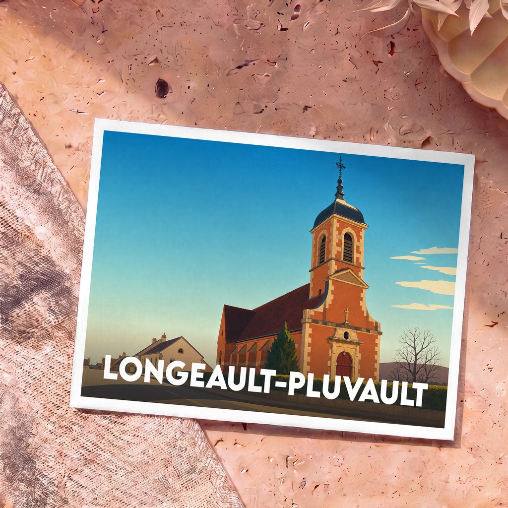 Carte postale souvenir de la ville de Longeault-Pluvault avec une illustration stylisée de son église.