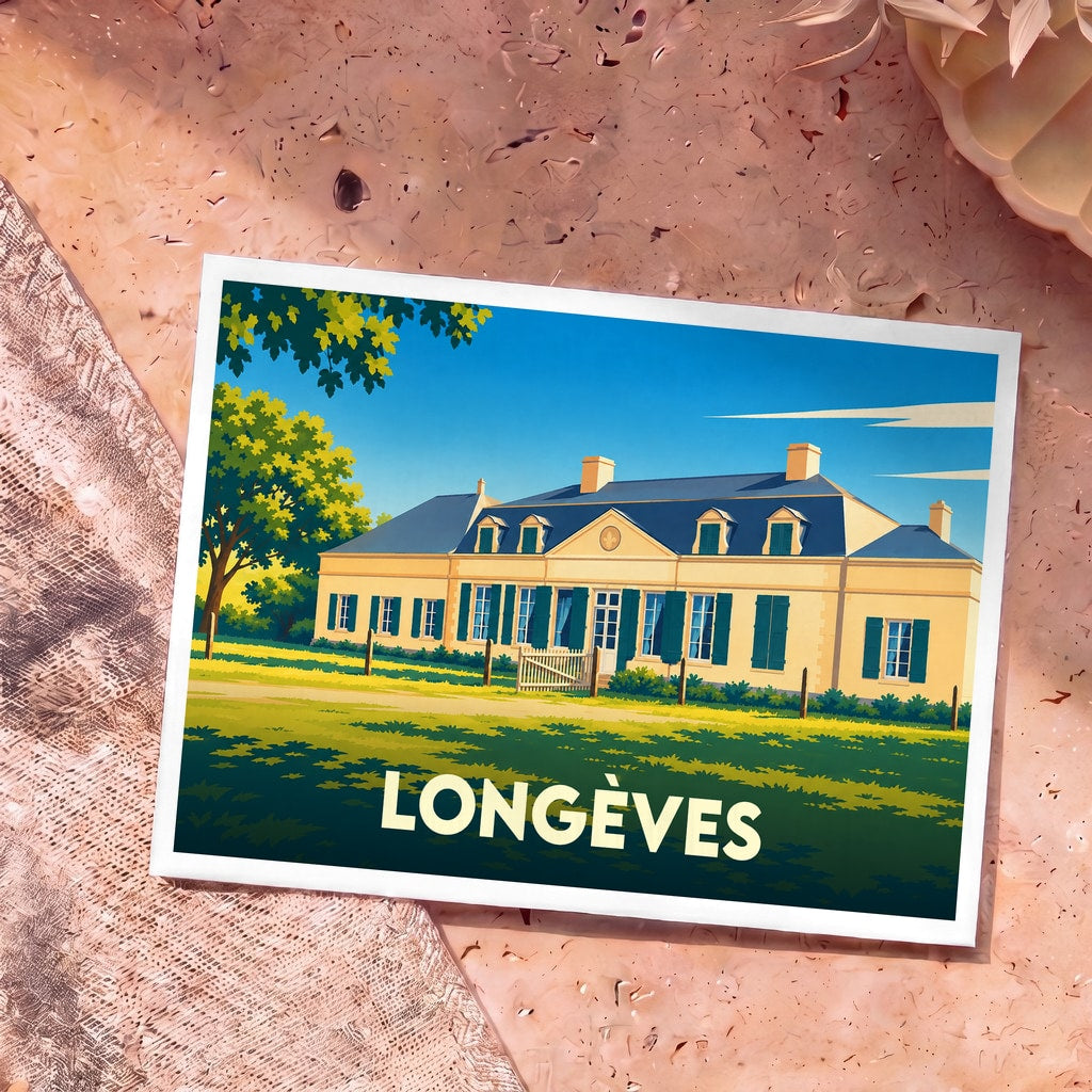 Carte postale souvenir de la ville de Longèves avec une illustration stylisée d'une grande demeure charentaise.