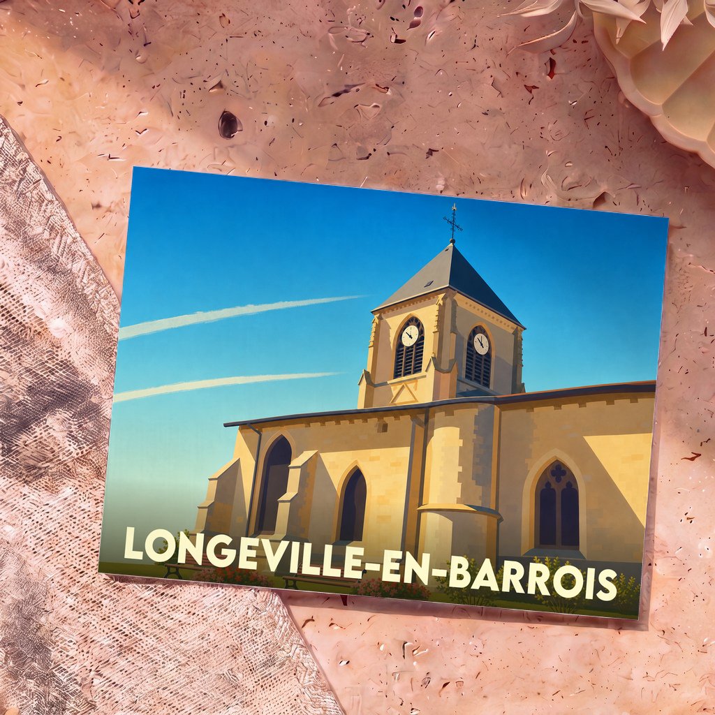 Carte postale souvenir de la ville de Longeville-en-Barrois avec une illustration stylisée de son église.