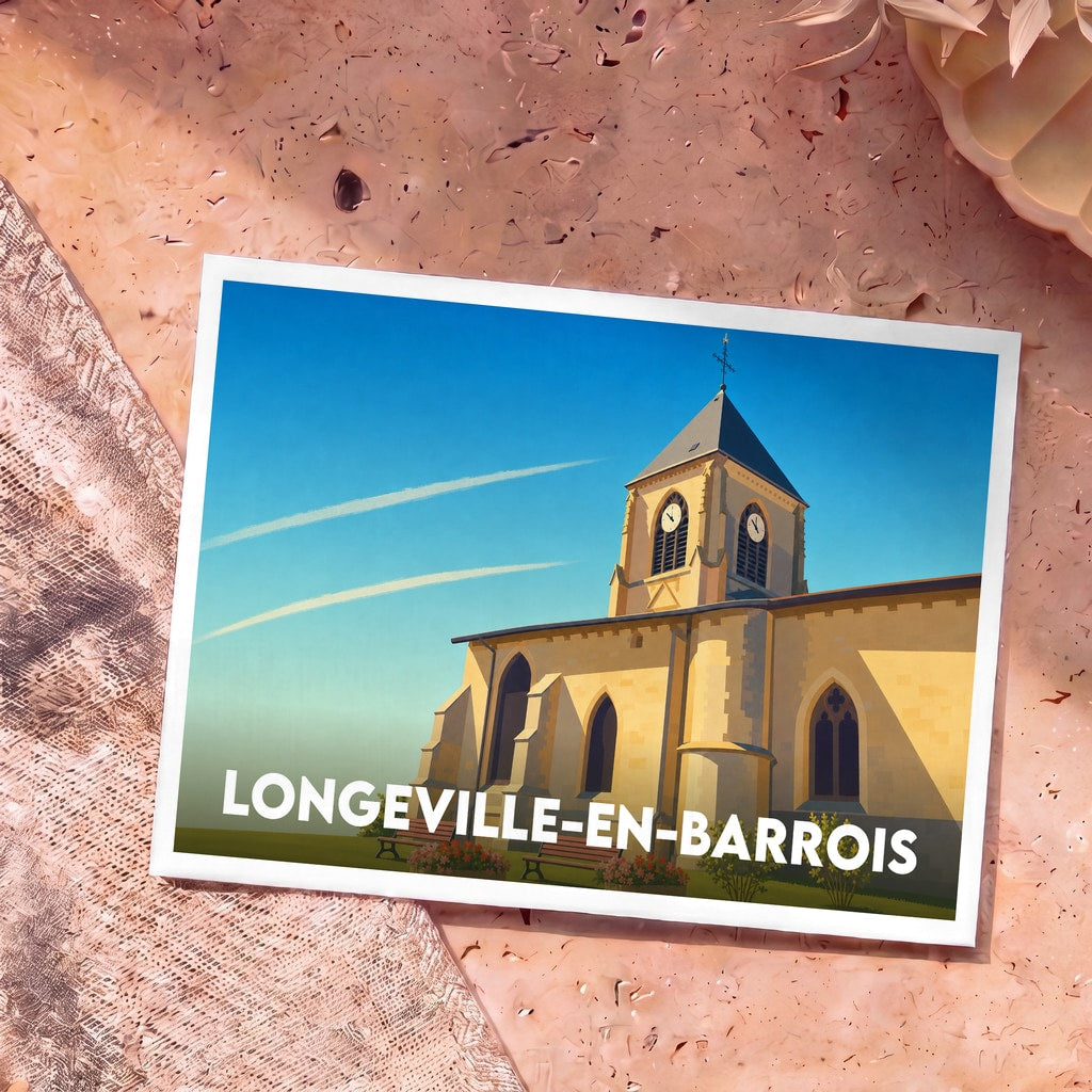 Carte postale souvenir de la ville de Longeville-en-Barrois avec une illustration stylisée de son église.
