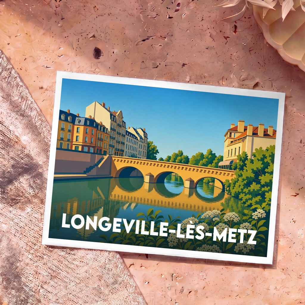 Carte postale souvenir de la ville de Longeville-lès-Metz avec une illustration stylisée de ses quais et d'un pont de pierre.