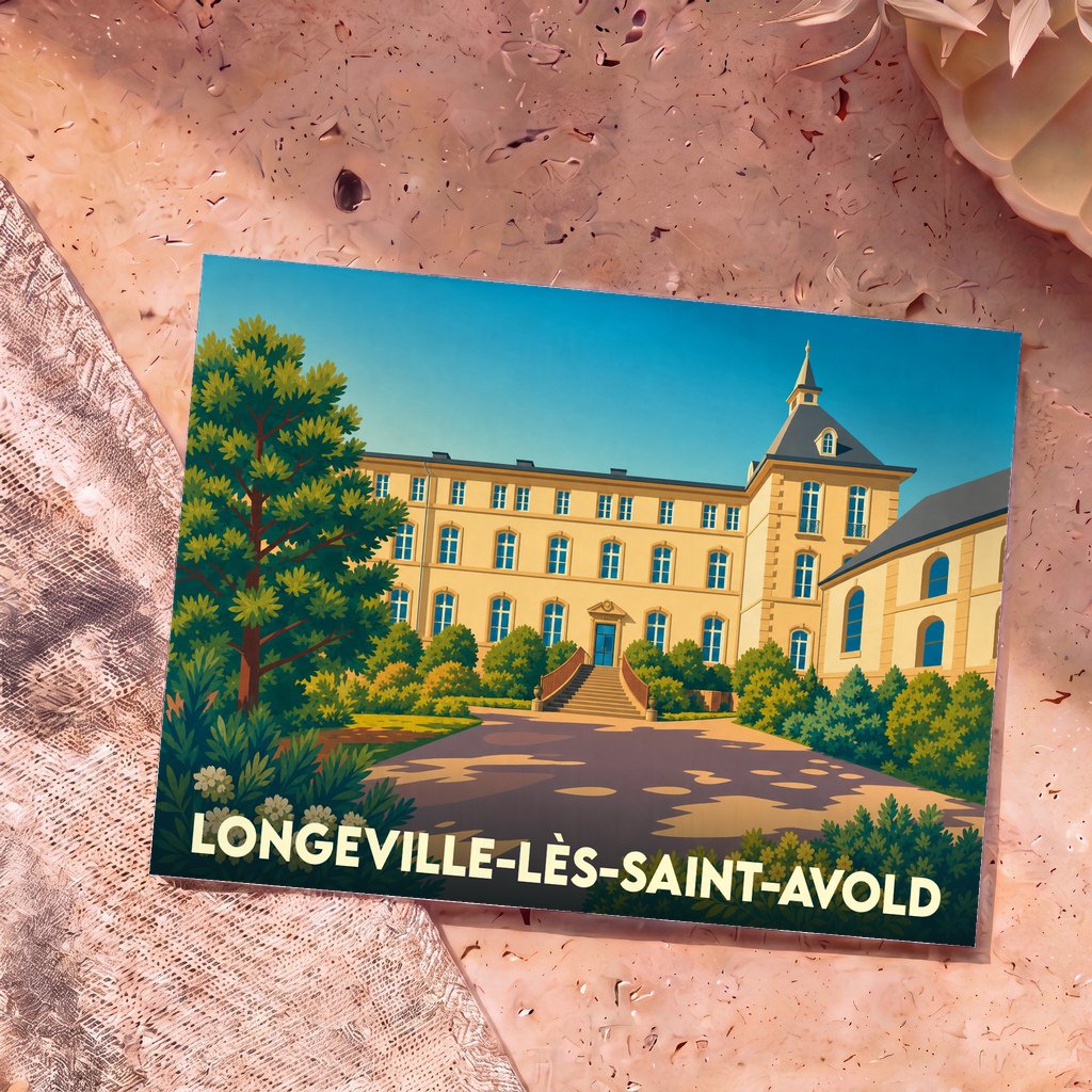 Carte postale souvenir de la ville de Longeville-lès-Saint-Avold avec une illustration stylisée de l'abbaye Saint-Martin.