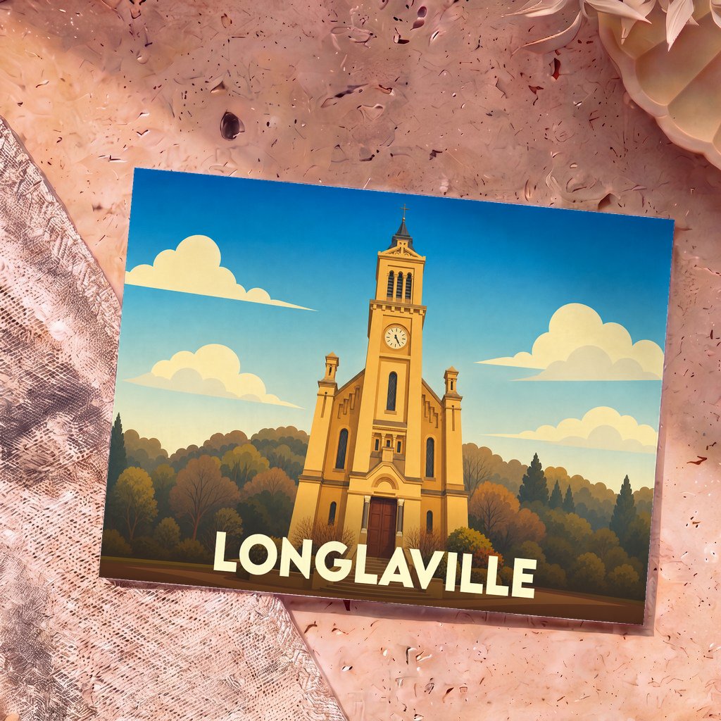 Carte postale souvenir de la ville de Longlaville présentant une illustration stylisée de son église entourée de forêt.
