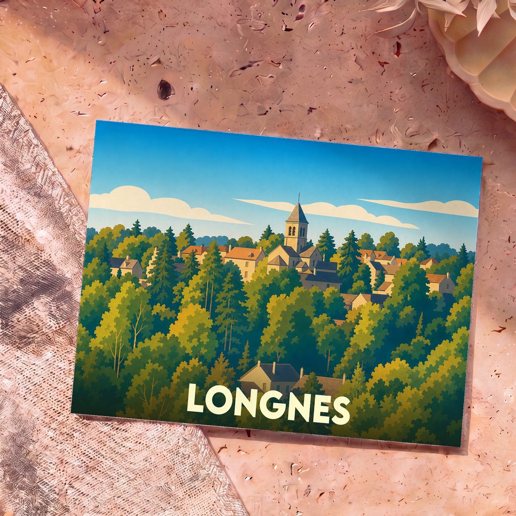 Carte postale souvenir de la ville de Longnes avec une illustration stylisée d'un village niché dans une forêt.