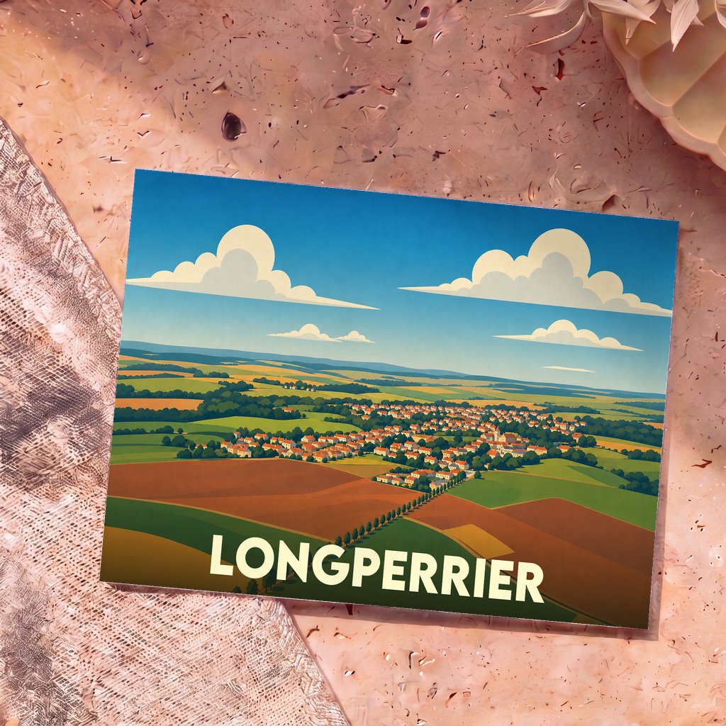 Carte postale souvenir de la ville de Longperrier avec une illustration stylisée de son paysage rural.