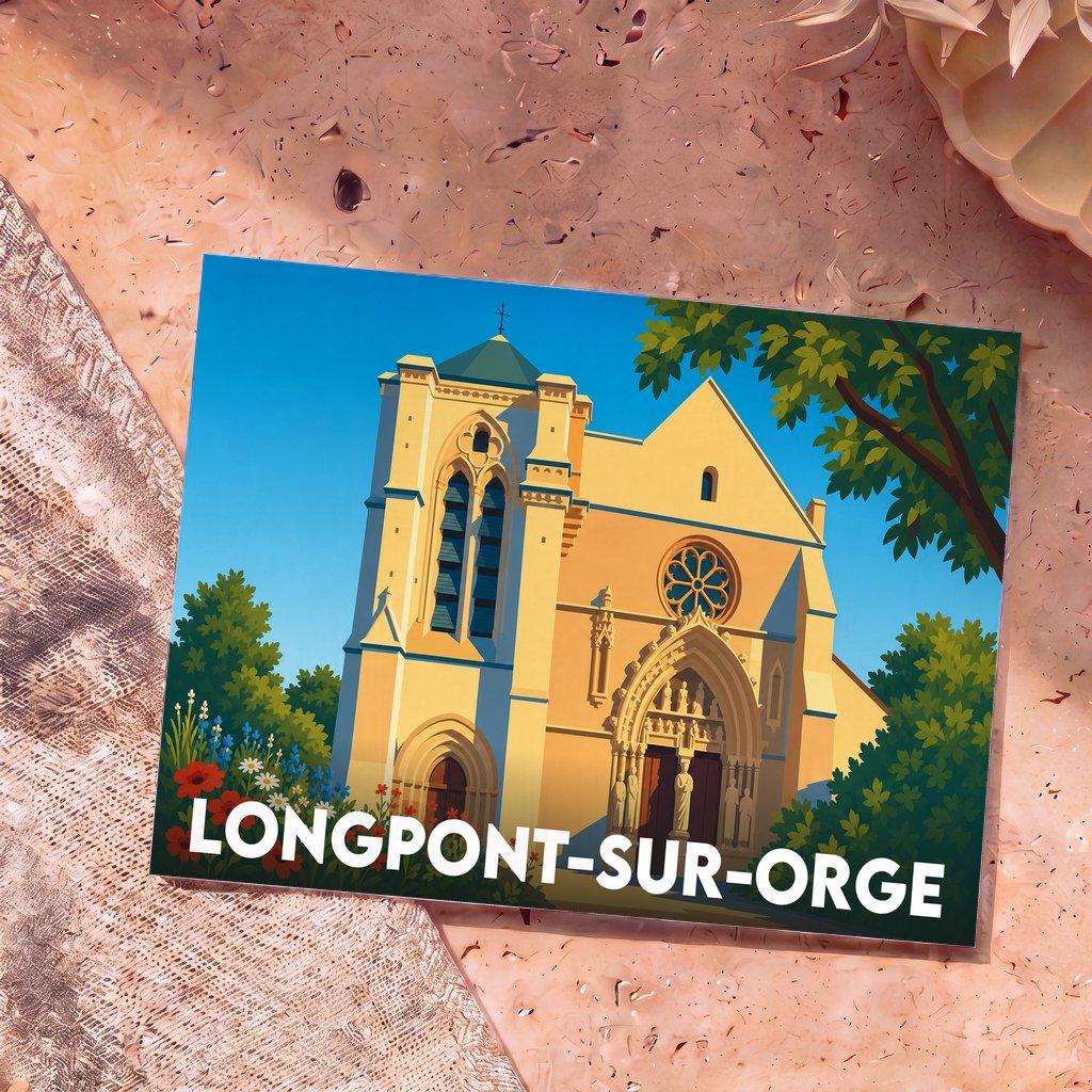 Carte postale souvenir de la ville de Longpont-sur-Orge avec une illustration stylisée de sa basilique.